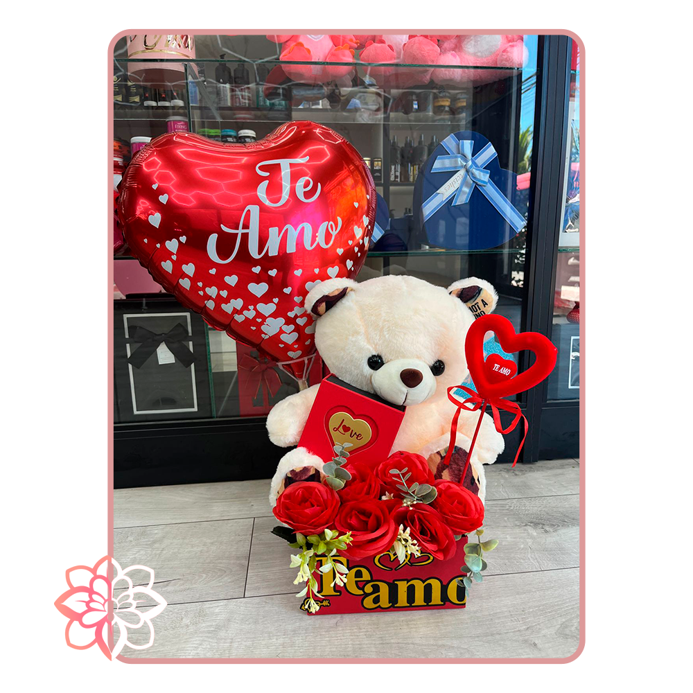 Caja Romántica “Te Amo” con Peluche, Rosas y Globo