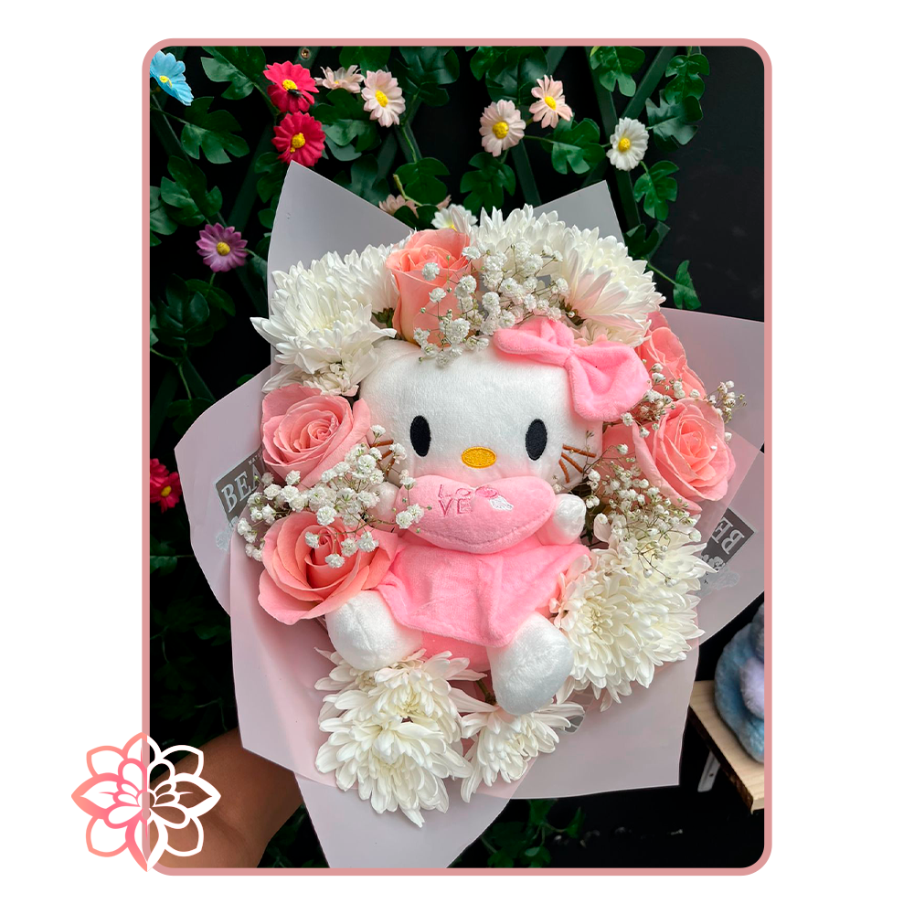 Hermoso Ramo de Hello Kitty con Rosas Rosadas