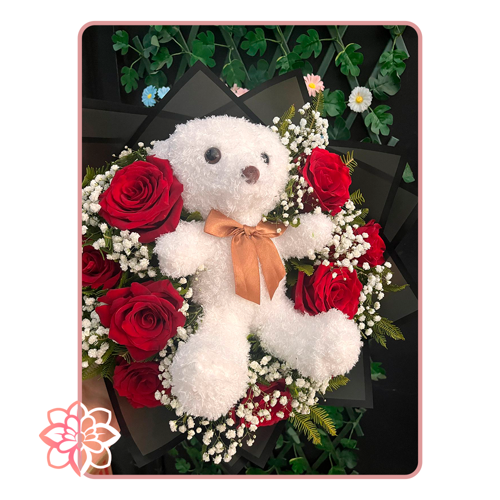 Ramo con Osito de Peluche y Rosas Rojas