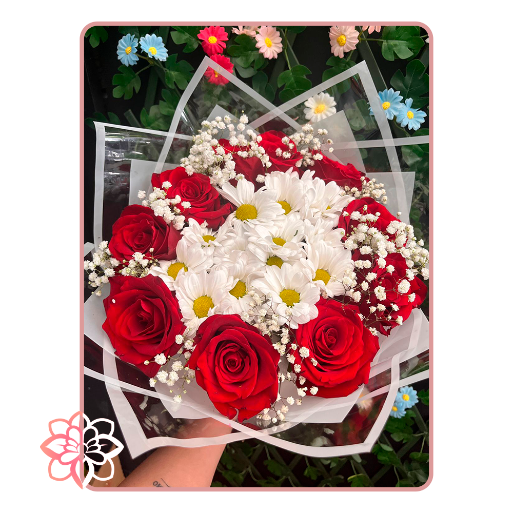 Ramo de Mano con Maule Blanco, Rosas Rojas e Ilusiones