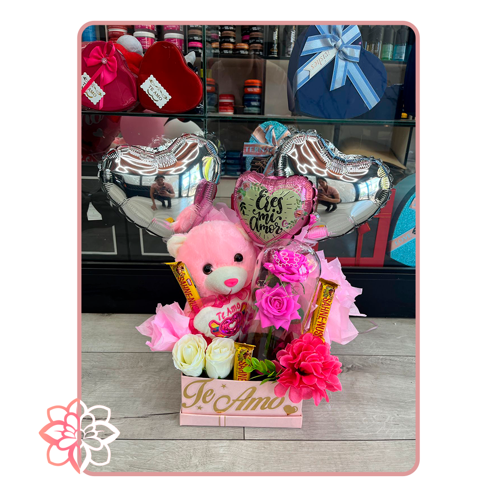 Caja Romántica “Te Amo” con Peluche, Rosa Eterna, Chocolates y Globos
