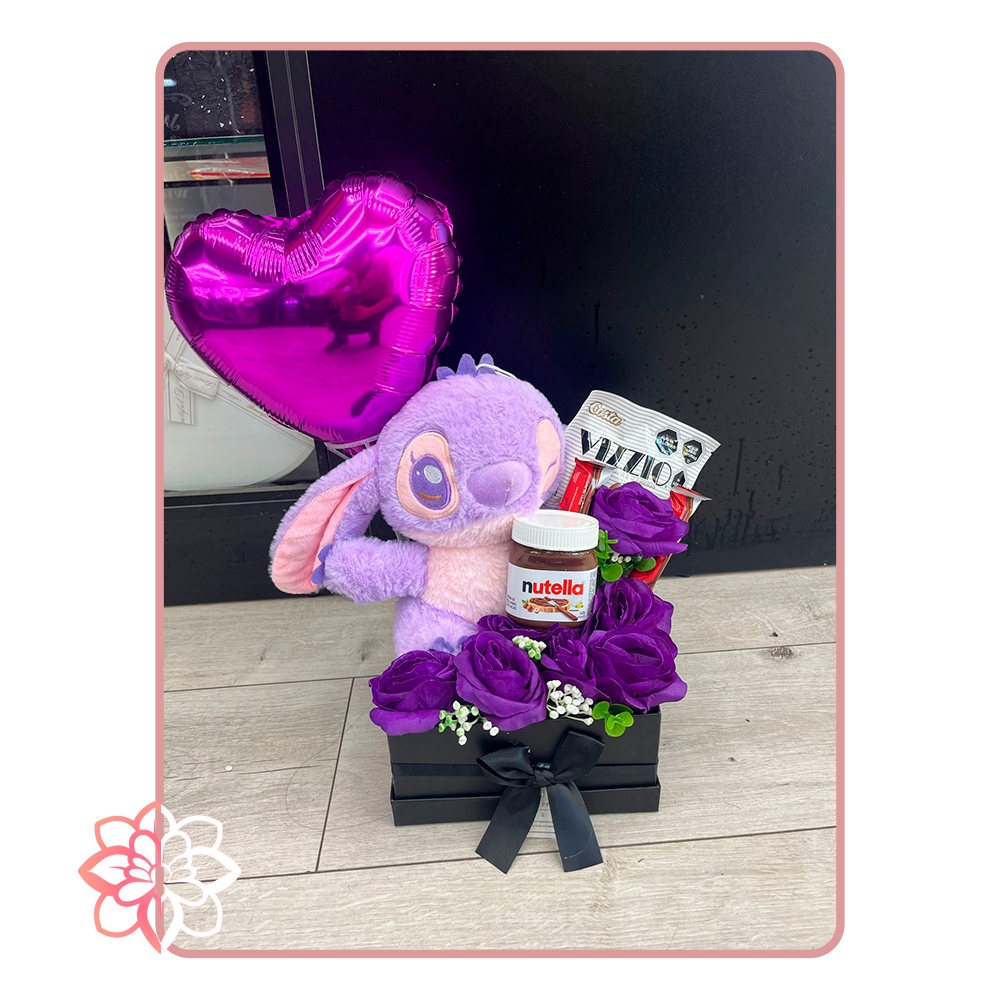Caja Dulce con Peluche, Rosas Moradas, Nutella y Globo