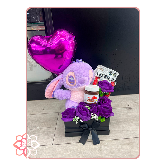 Caja Dulce con Peluche, Rosas Moradas, Nutella y Globo