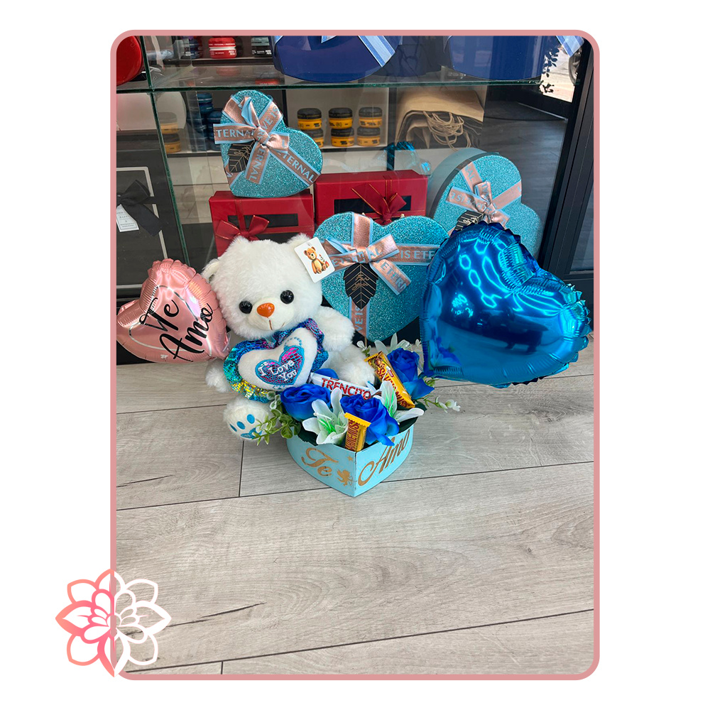 Caja Dulce “Te Amo” con Peluche, Flores Azules, Chocolates y Globos