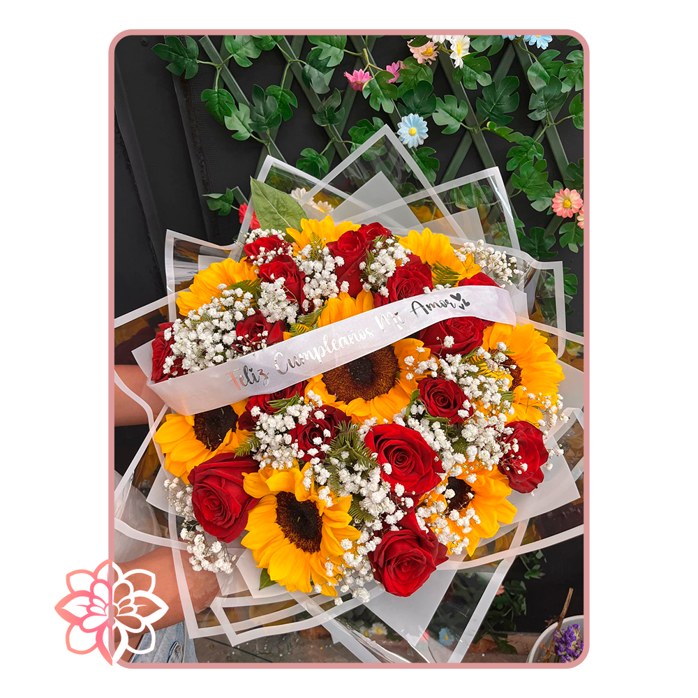 Ramo con 8 Girasoles y 16 Rosas Rojas
