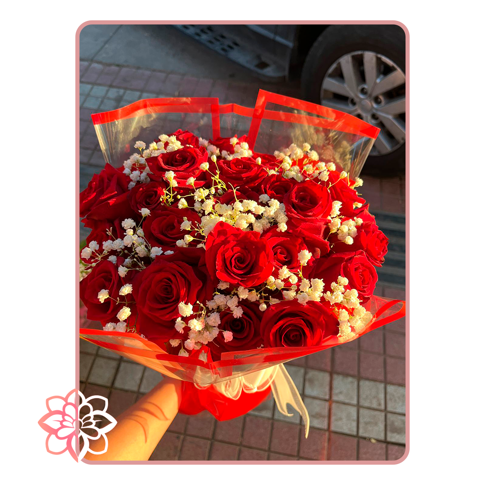Hermoso Ramo de 24 Rosas Rojas con Flores de Ilusión