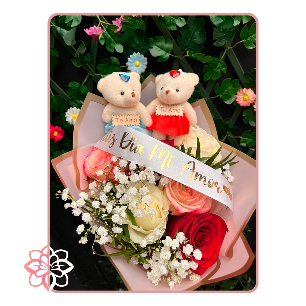 Ramo Colorido con Rosas y Ositos de Peluche