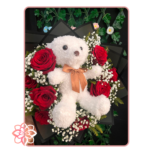 Ramo con Osito de Peluche y Rosas Rojas