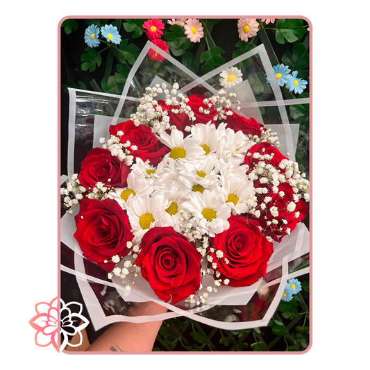 Ramo de Mano con Maule Blanco, Rosas Rojas e Ilusiones